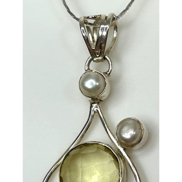 Women’s Pendant Necklace Italy Peridot Pearl S925 Sterling Silver 18” Vintage - Picture 9 of 17